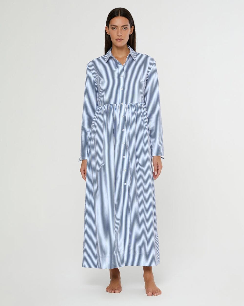 New ONIA Beach Stripe Poplin Maxi Shirtdress $285 LARGE Blue/White BUTTON-FRONT